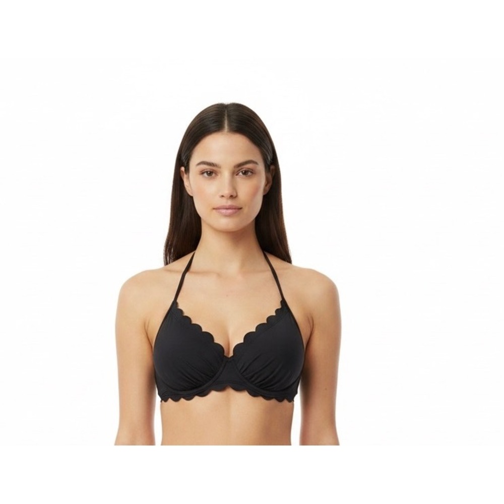 Hobie Women LG Black Scalloped Underwire Halter Ruffle Swim Bralette Bikini‎ Top